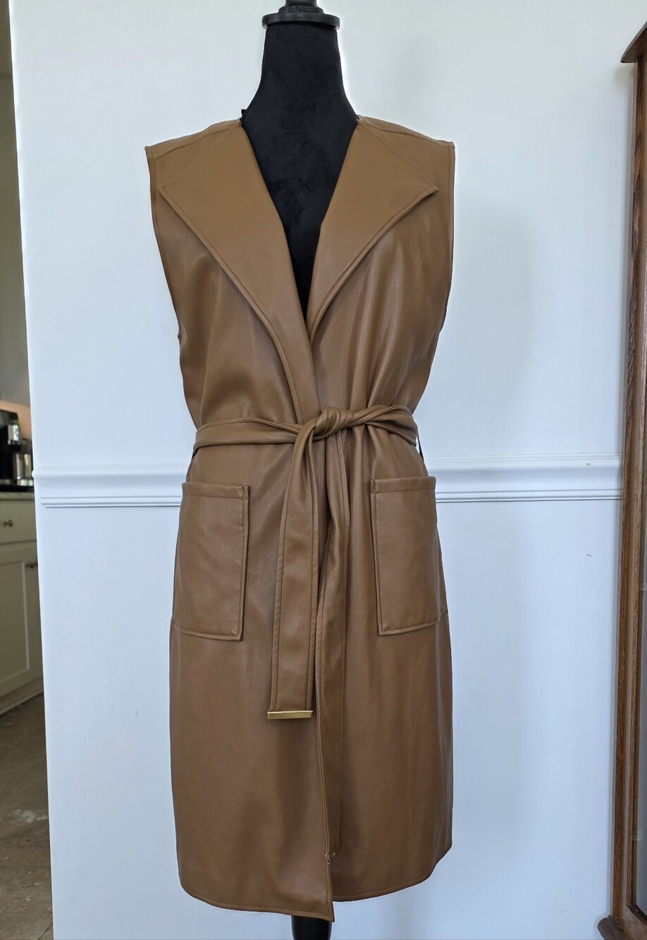 Andrew Marc Marc New York Faux Leather Belted Long Vest Sleeveless Dust Jacket
